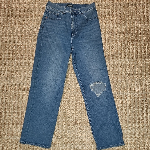 Express Blue Straight Leg Jeans with Distressed Knee - Picture 1 of 5